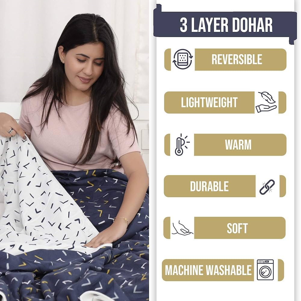 Divine Casa Reversible Single Bed AC Blanket Dohar 120 GSM Lightweight Polyester Colour Navy Blue & White