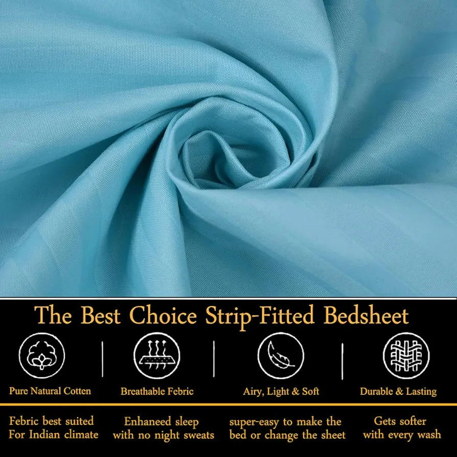 Fresh From Loom Satin Striped Soft Fitted Bedsheet King Size Bed with Two Pillow Cover Elastic Fitted Bed Sheets 240 TC Blue