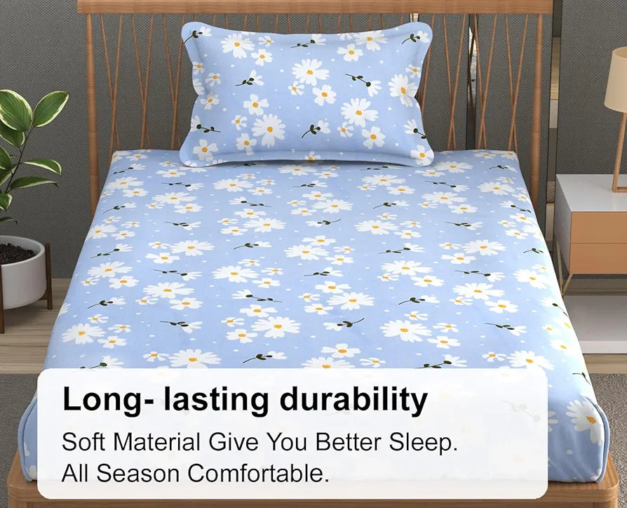 Fresh From Loom Soft Microfiber Floral Print Single Bed Bedsheet 240 TC 1 Pillow Covers Casper-Blue