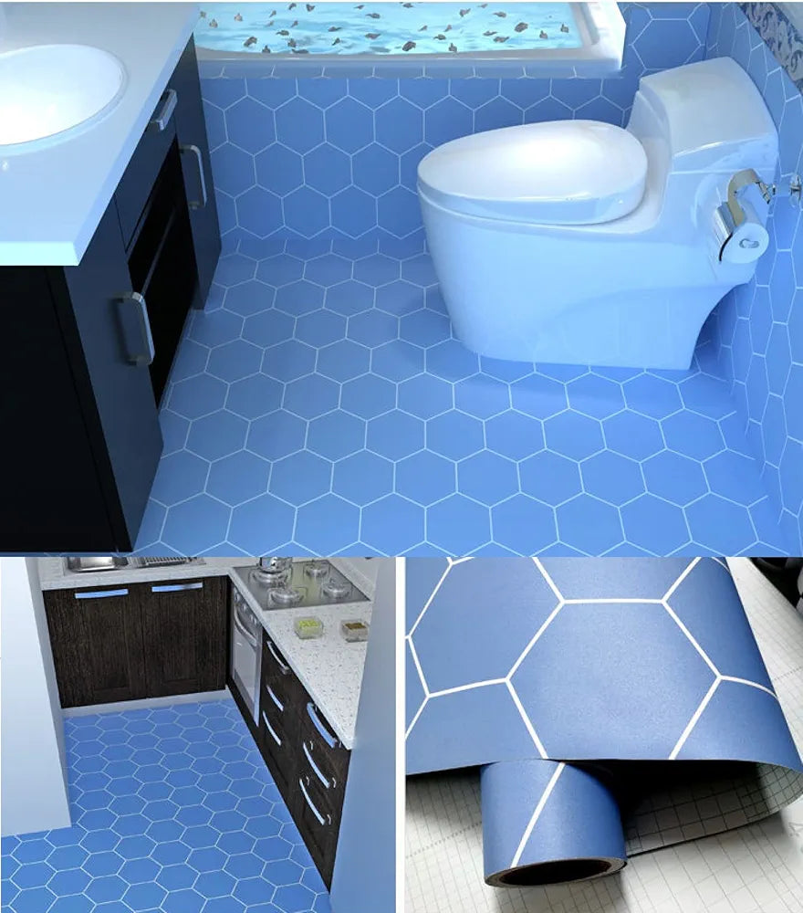 Jaamso Royals Blue Hexagonal Tiles Pvc Flooring Sheets for Floor Self Adhesive Wallpaper