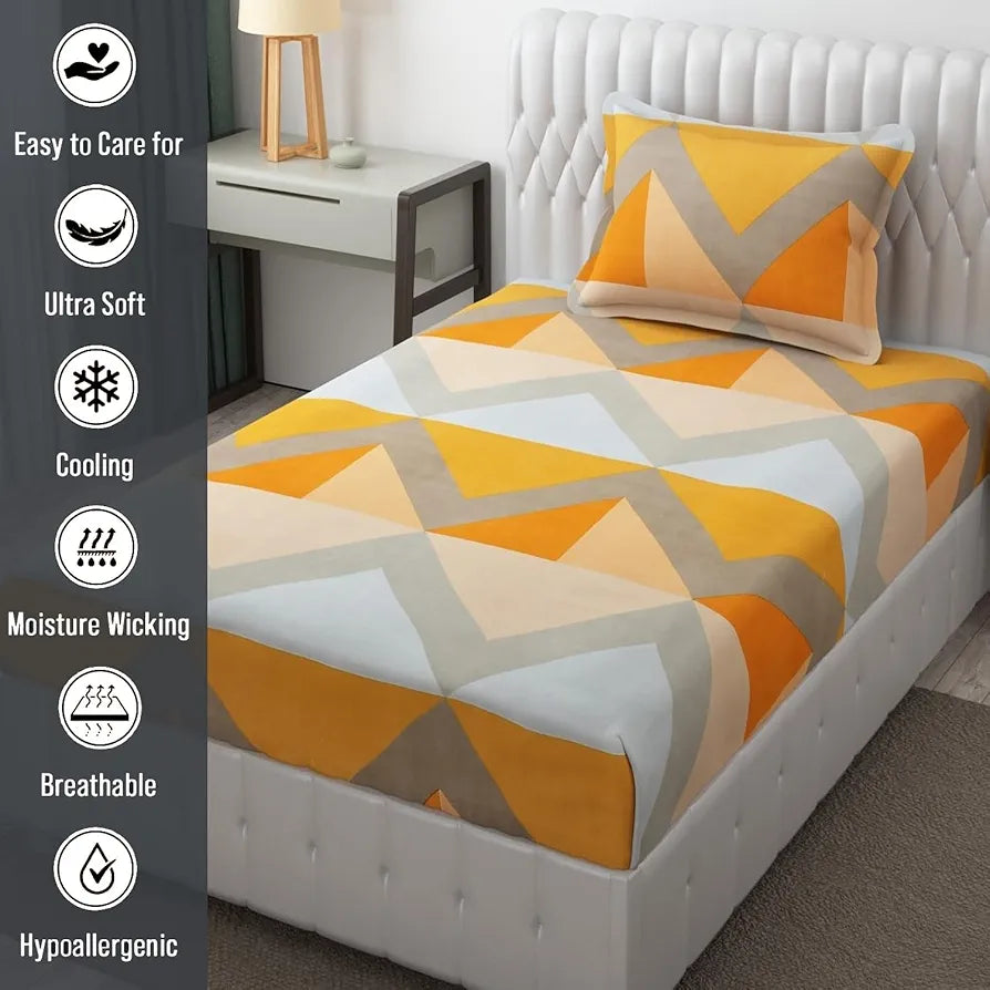 Fresh From Loom Single Bed Floral Design Microfiber Single Bedsheet Hypo-Allergenic Bedsheets Bedcover Wrinkle Free Includes 1 Pillow Covers 144 TC Chevron Orange