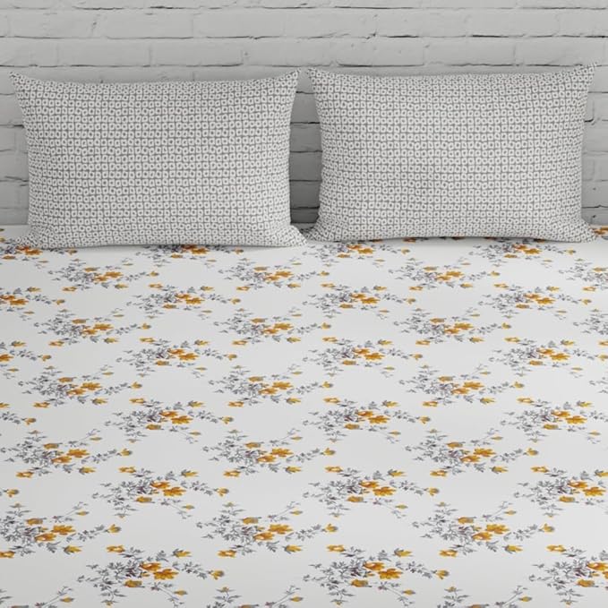 Huesland by Ahmedabad Cotton 144 TC King Size Bedsheet Cotton with 2 Pillow Covers | White, Tangerine & Grey