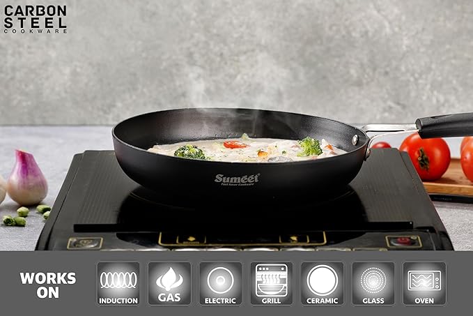 Sumeet Super Smooth Pre Seasoned Carbon Steel (Iron) Fry Pan 20.5cm | 1100ml Black