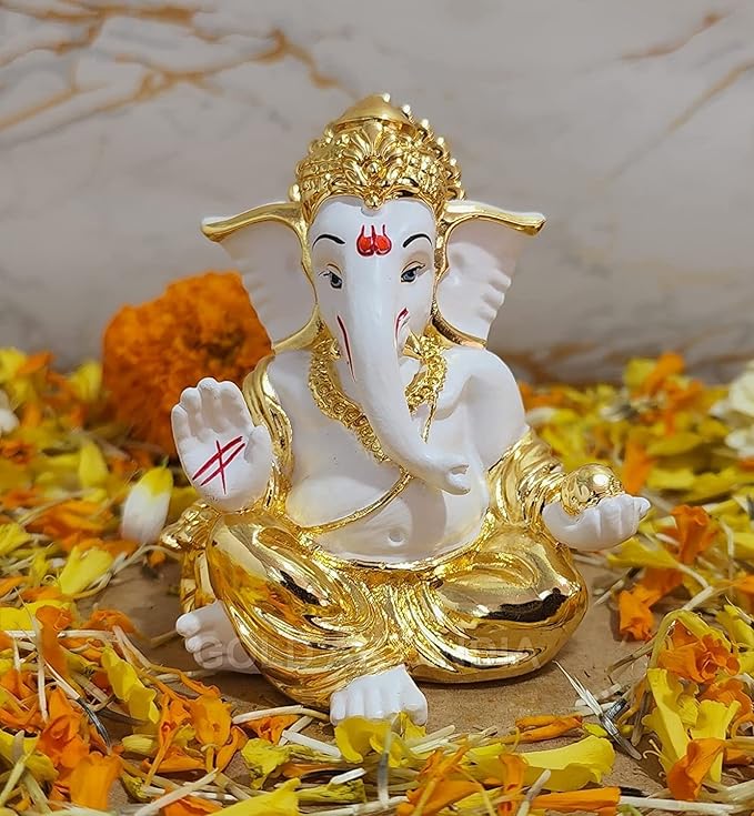 Gold Art India Gold Plated Gaddi Ganesha for Car Dashboard Home Decor Gaaddigoldwhite