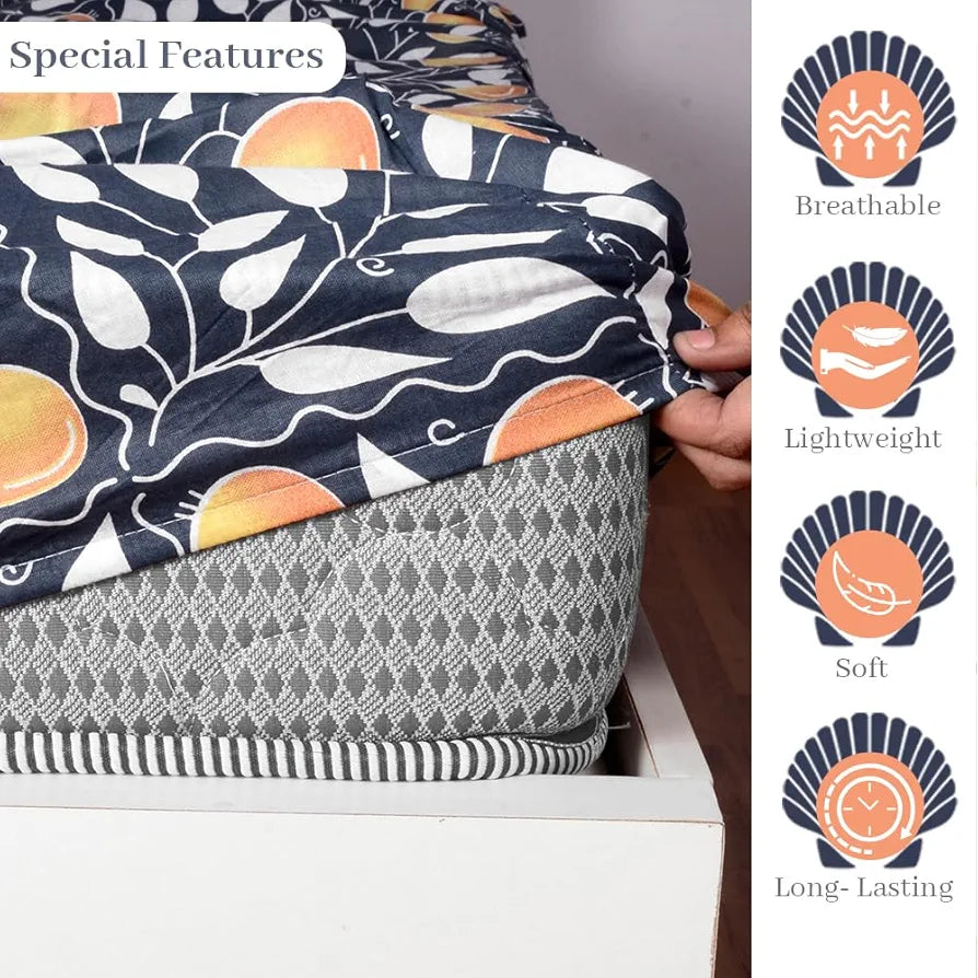 Divine Casa 144 TC 100% Cotton Deep Cobalt Floral King Size Elastic Fitted Bedsheet with 2 Pillow Covers Elegant Double Bed Set Colour Marlin