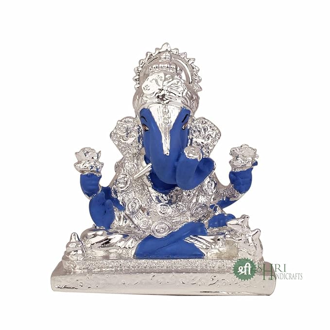Indicast Lord Ganesha Idol Silver Plated Murti for Good Luck & Success Figurine for Office Home Decor & Gifts | Blue