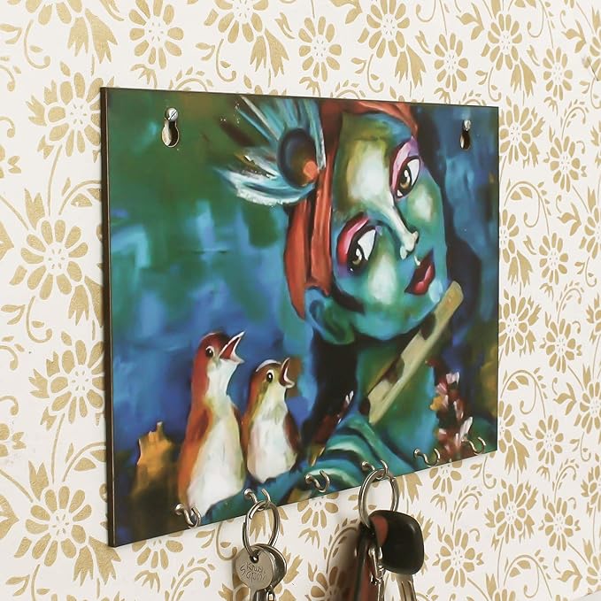 Ecraftindia Shree Krishna Theme Wooden Key Holder With 6 Hooks