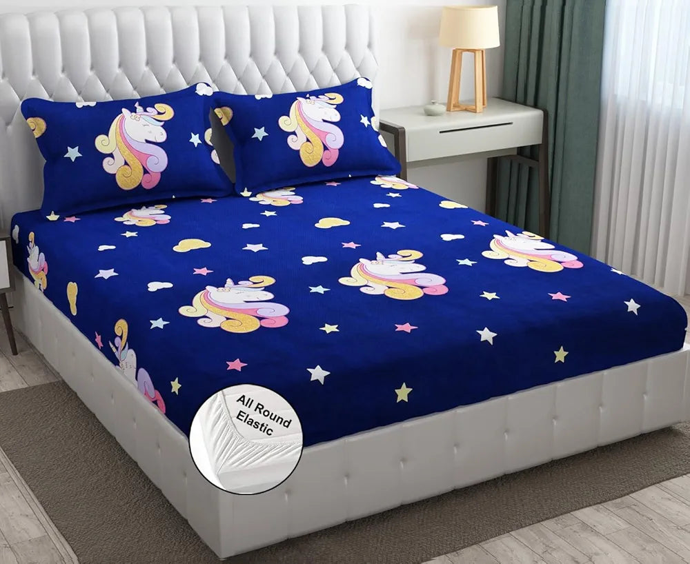 Fresh From Loom 300 TC Glace Cotton Wrinkle Free Soft Elastic Fitted Bed Sheet Cartoon Printed Bedsheets King Size For Kids With 2 Pillow Cover Dinosaur Blue