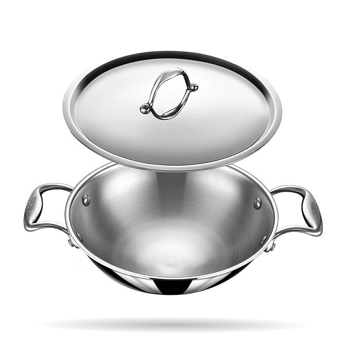 Stahl Artisan Triply Stainless Steel Round Bottom Kadhai With Lid | Extra Deep Kadai | Stainless Steel Cookware | 2.6 L | 24 Cm