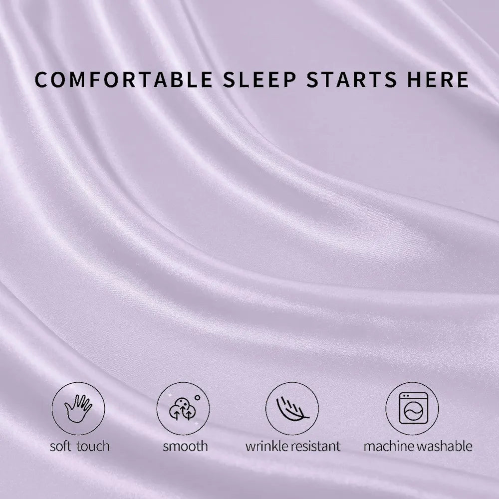 Cloth Fusion Satin Elastic Fitted Bedsheet for Double Bed King Size with 2 Pillow Covers H603 280 TC Lilac Colour