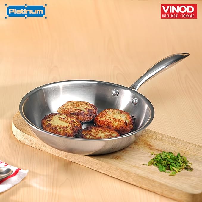 Vinod Platinum Triply Stainless Steel Frypan 20 cm | 2.5 mm Thick | Steel Pan | Scratch Resistant
