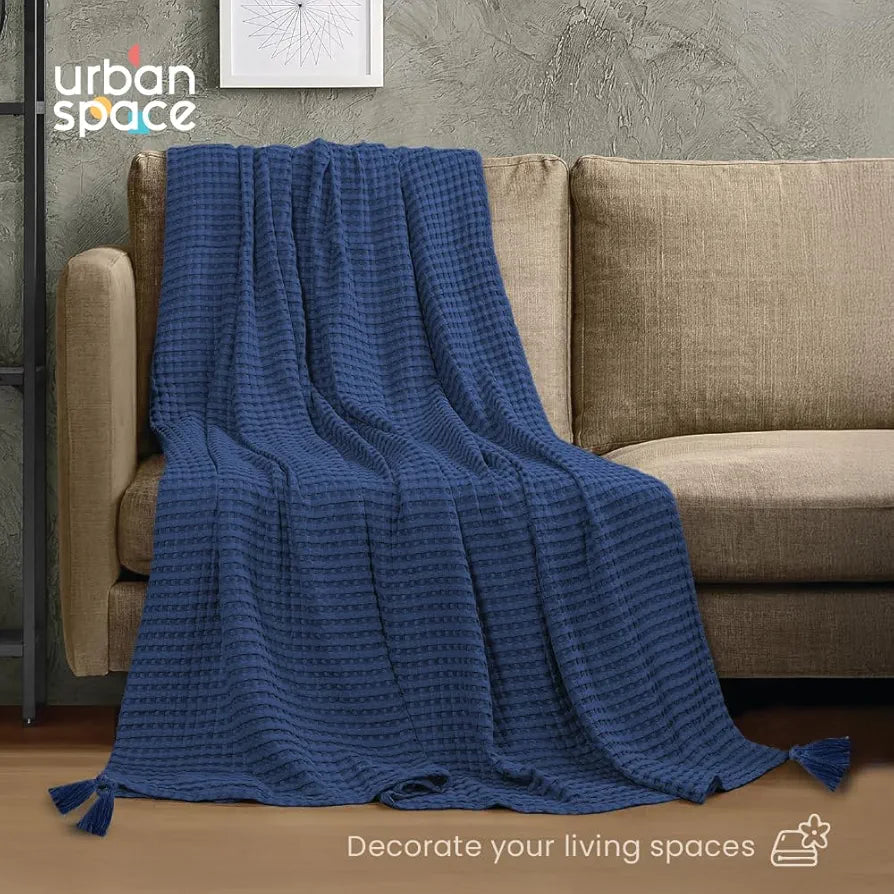 Urban Space Cotton Waffle Throw Blanket, Soft Decorative Throw for Living Room, Sofa, Chair and Couch, Handmade,Reversible and Breathable Throw Waffle Navy Blue