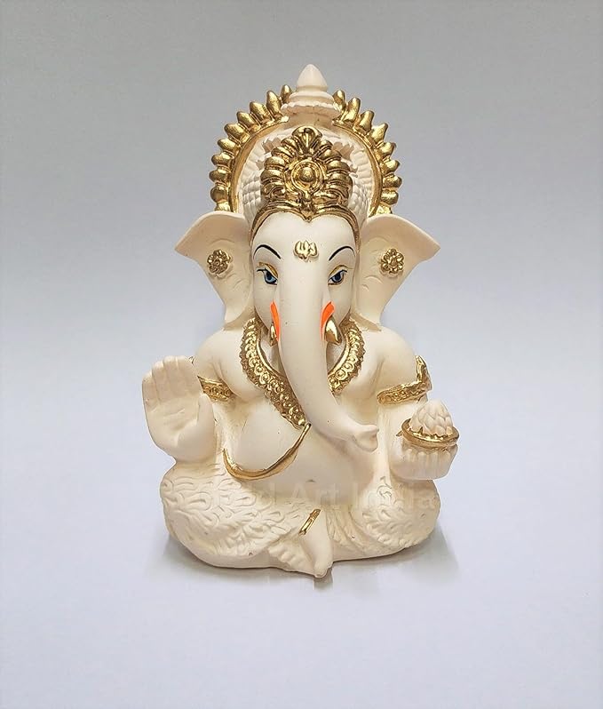 Gold Art India Peach Ivory Finish Ganesha Idol Car Dashboard Idol Ganesha Murti