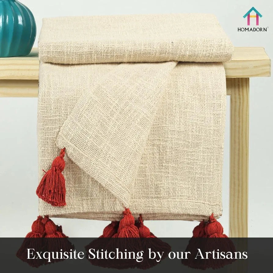 Homadorn 100% Cotton Off White Throw Blanket with Handmade Colorful Tassel Colour Rust