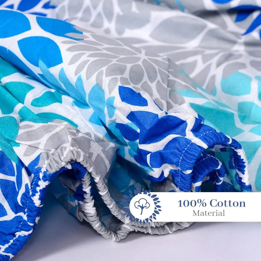 Divine Casa 144 TC Cotton Flower Print Queen Size Double Bed Elastic Fitted Bedsheet with 2 Pillow Cover Colour Dusk Blue