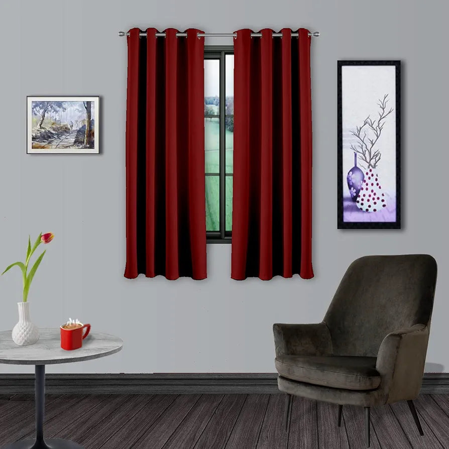 Divine Casa Super Satin Blackout Window Curtains Solid Panels for Complete Light Block Size 5 Feet Silky Touch & Thermal Insulation Colour Cherry Red (Pack of 2)