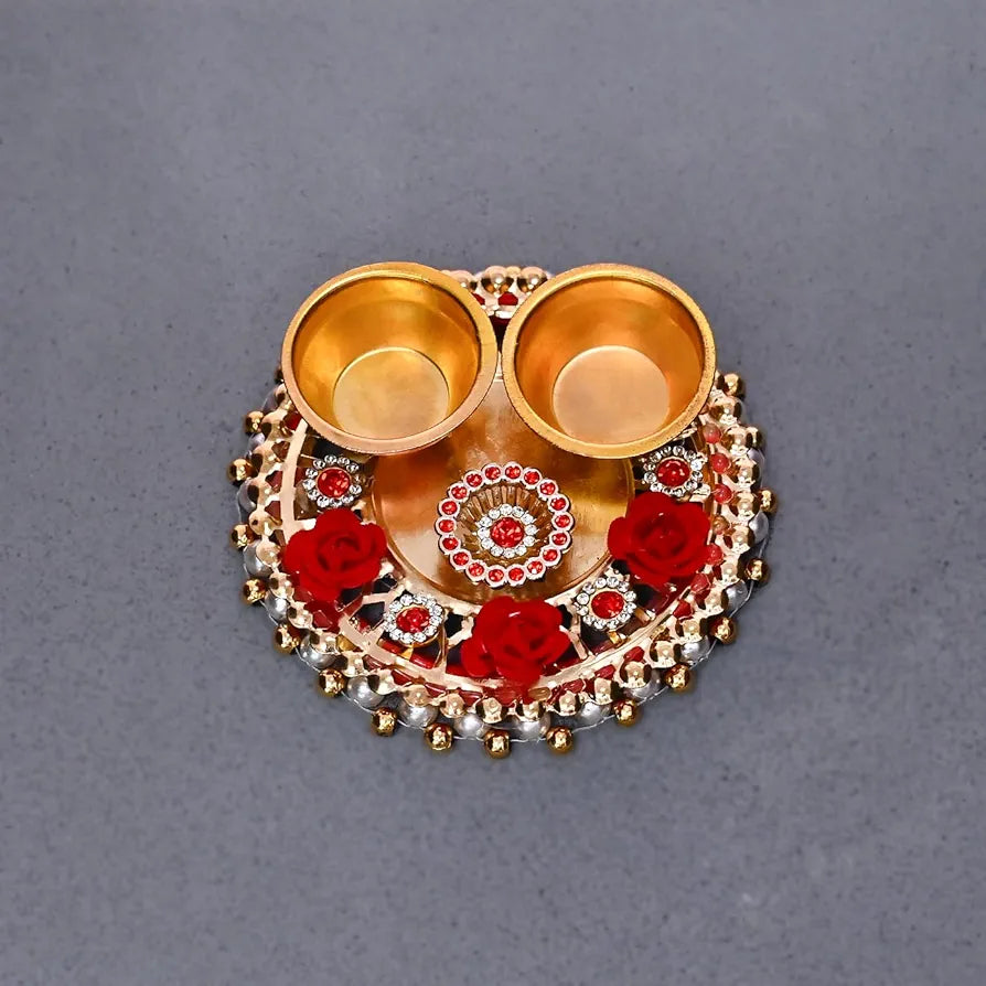 DecorTwist® Pooja Thali Set | Stainless Steel Handcrafted Decorative Pooja Thali for Diwali Puja, Home, Temple, Mandir, Wedding, Bhai Dooj Decorative Puja Plate 10.2 Inch Pack of 1 