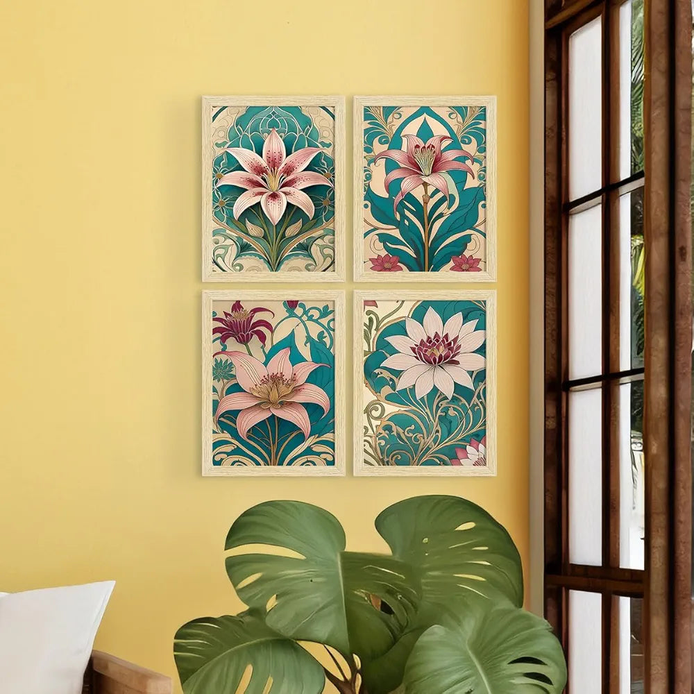 ArtX Paper Lilly Flowers Botanical Art Paintings With Frame Multicolor, Set of 4