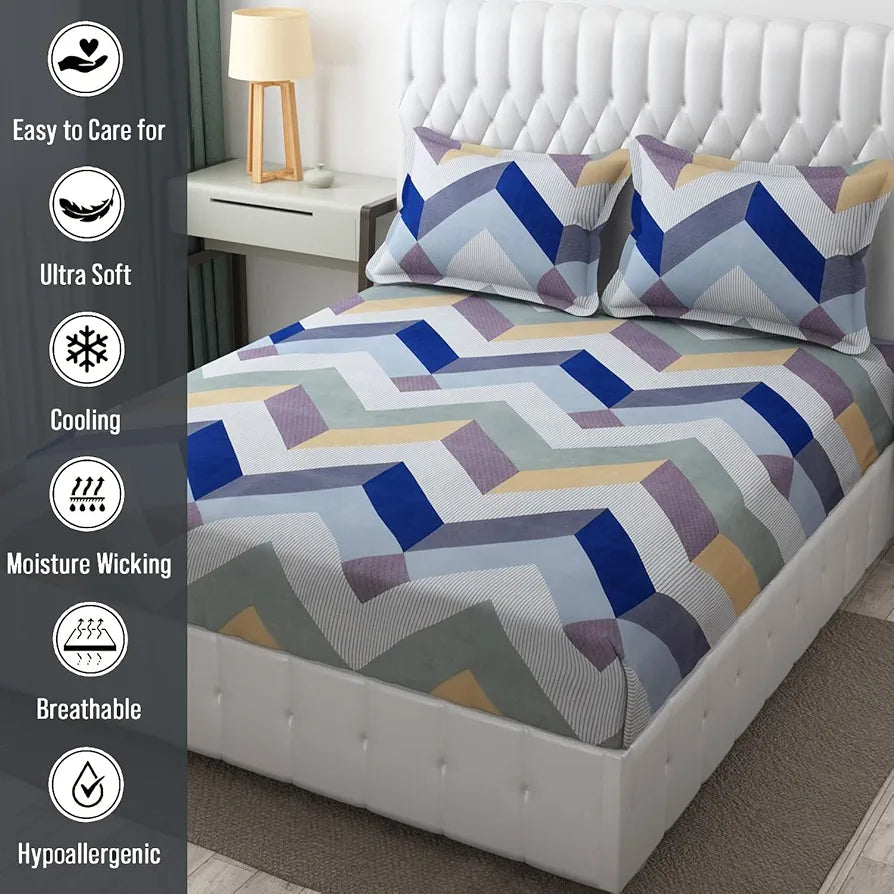 Fresh From Loom Microfiber King Size Bedsheet for Double Bed Floral Design Bed Spread with 2 Pillow Covers 144 TC Blue Grey