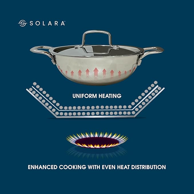 Solara Stainless Steel Triply Kadhai With Lid - 22 Cm | Induction Friendly | Triply Stainless Steel Cookware | Kadai With Lid