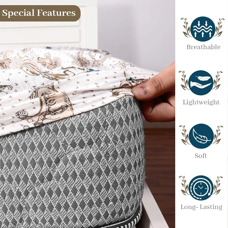 Divine Casa White and Grey Floral Pattern 144 TC 100% Cotton Elastic Fitted Printed Queen Size Double Bed Bedsheet with 2 Pillow Cover Colour Tiger's Eye