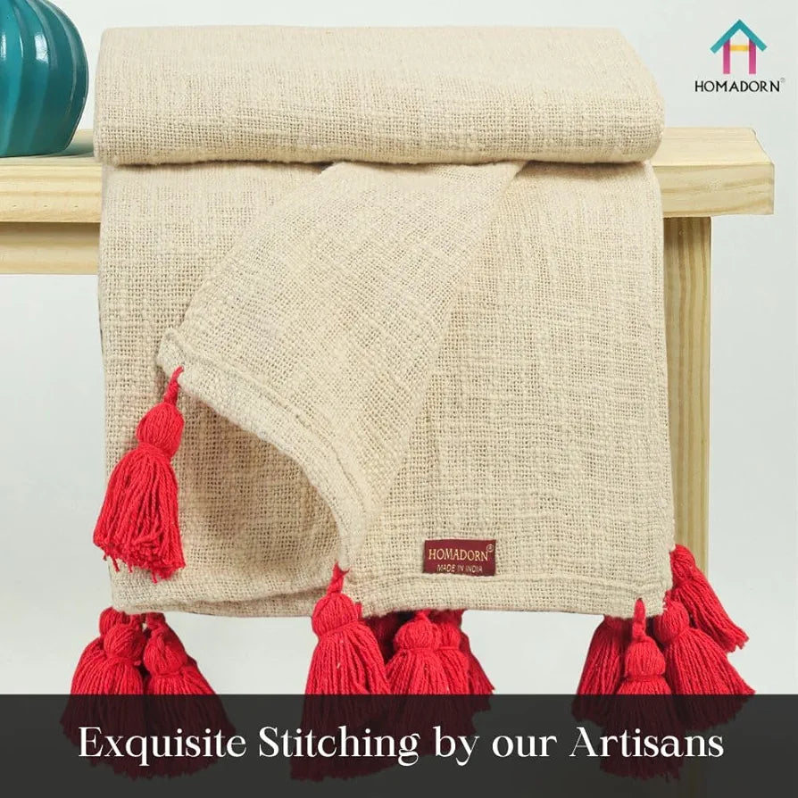 Homadorn 100% Cotton Off White Throw Blanket with Handmade Colorful Tassel Colour Red