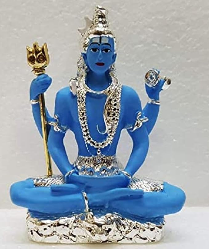 Gold Art India Resin Silver Plated Blue Shiva Idol for Car Dashboard Mahadev Murti Silver Blue Shiva