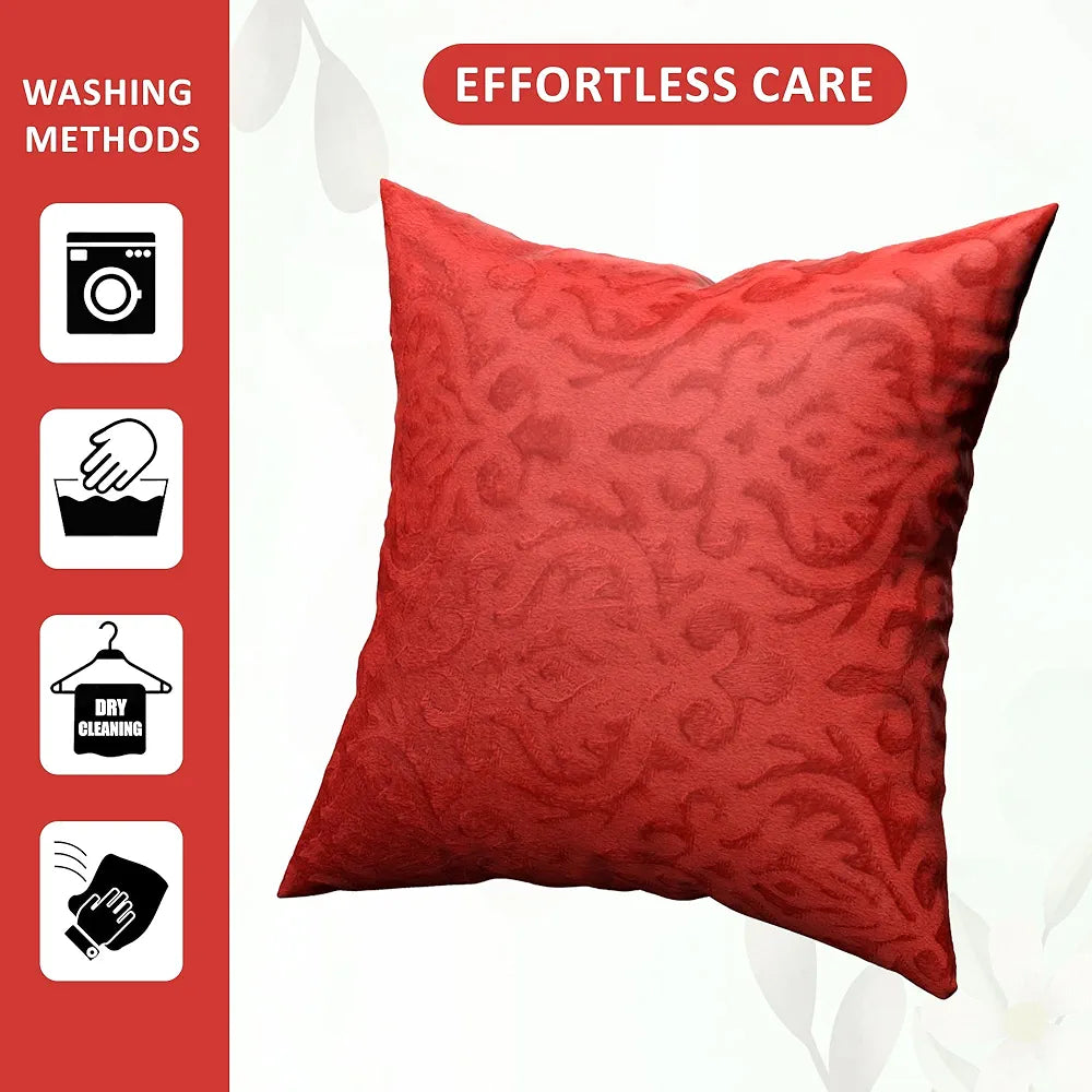 Kuber Industries Set of 5 Washable & Removable Velvet Sofa Pillow Covers with Zip Floral Design Red