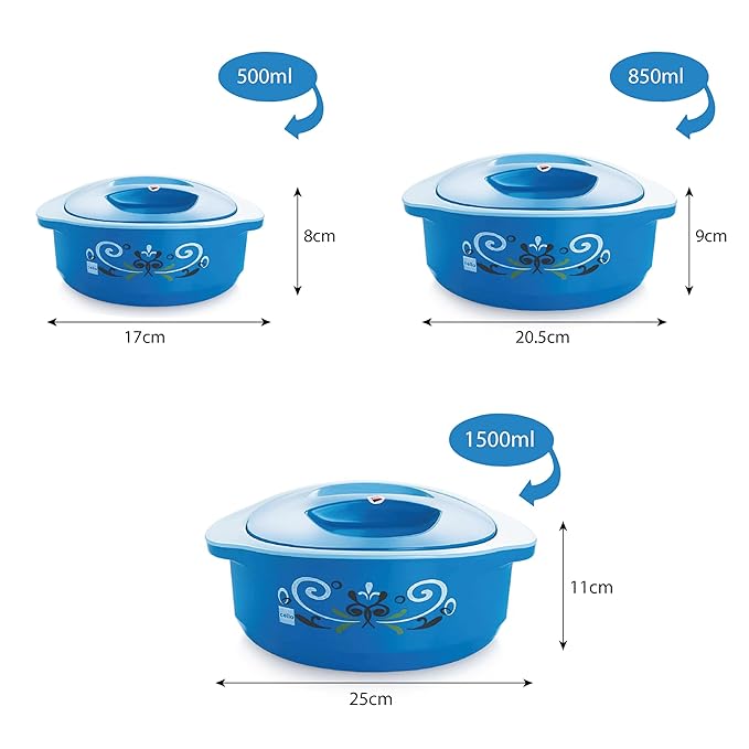 Cello Hot Serve Insulated Inner Steel Casserole Set of 3 | Blue | Hot Box for Kitchen