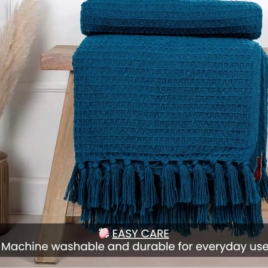 Homadorn Waffle Weave Cotton Throw Blanket Colour Teal Green