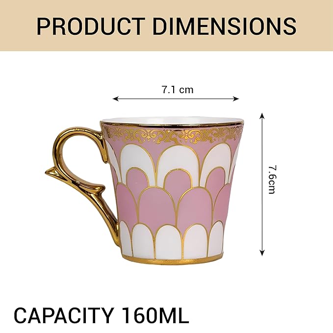 Femora Water Drop Scale Pattern Golden Coffee Mugs | 160 Ml | Pink | 6 Pieces Set | Not Microwave Safe