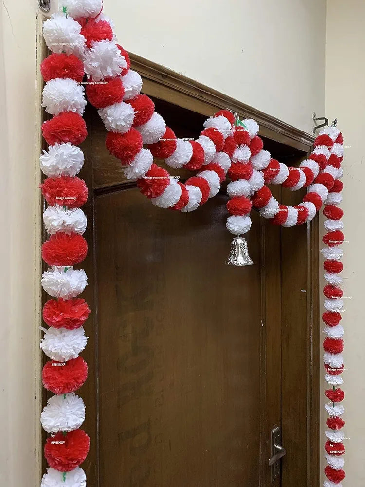 Artificial Marigold Fluffy Flowers Garlands Door Toran Set/Door Hangings White & Red