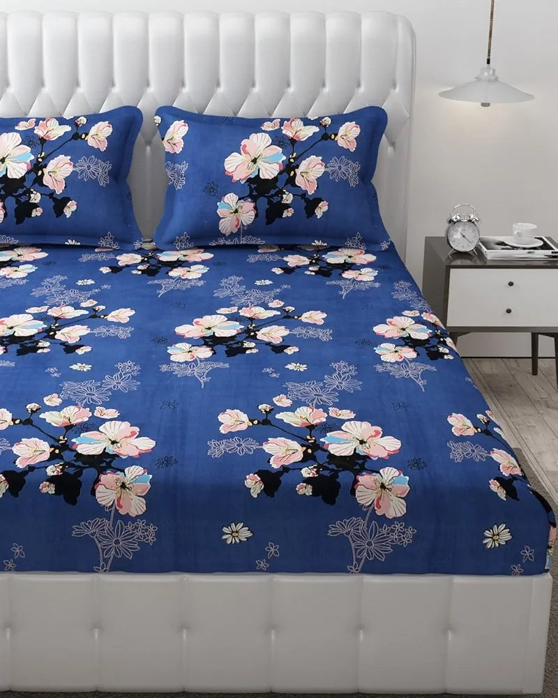 Fresh From Loom Rotary Printed King Size Double Bedsheet Bed Sheets With 2 Pillow Covers 144 TC Blue Denim