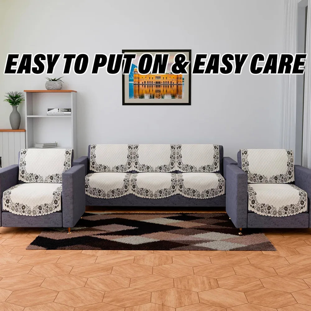 Kuber Industries Velvet Sofa Cover Set Digital Painting Quilted SueDe Ultra Sonic Living Room Cream