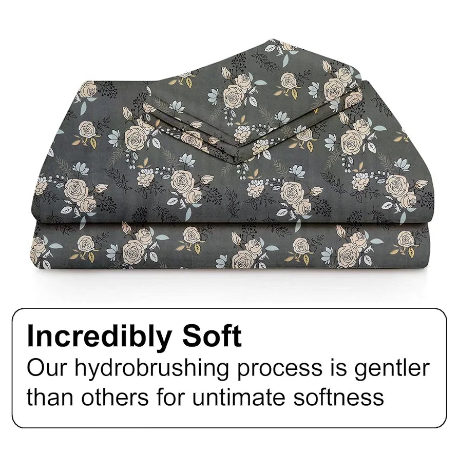 Fresh From Loom Single Bed Microfiber Bedsheet with Floral Print 240 TC 1 Pillow Covers Rose-Oslo-Grey