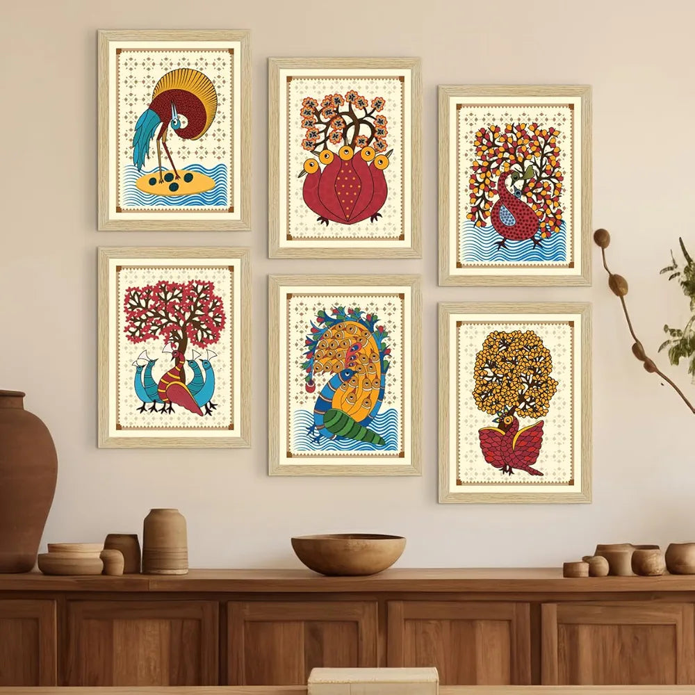 ArtX Paper Indian Gond Art Paintings with Frame Multicolor Gond-SO6-01 Set of 6