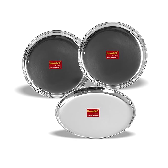 Sumeet Stainless Steel Heavy Gauge Shallow Dinner Plates 31cm Set of 3pc