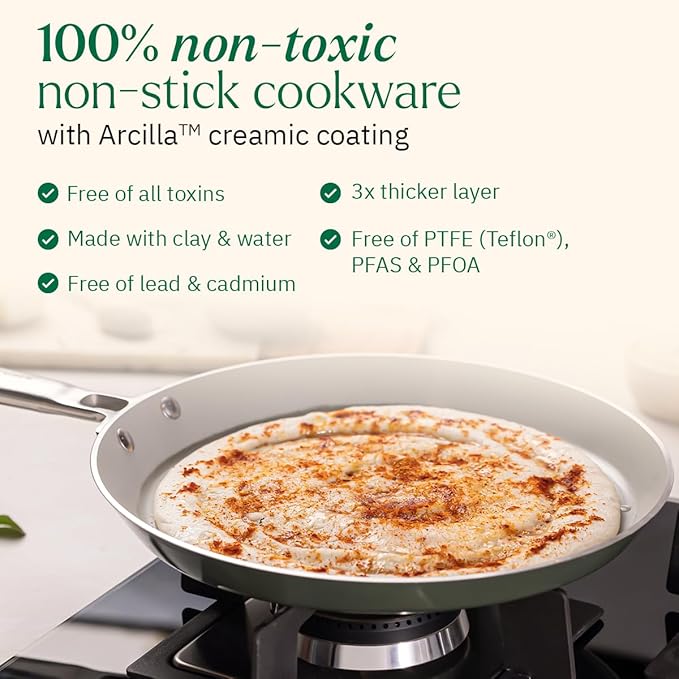 Ember Cookware Arcilla Ceramic Non Stick Dosa Tawa 28cm | Stainless Steel Handle | Green