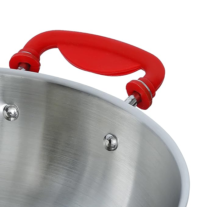 Femora Stainless Steel Zero Non-stick Coating Healthy Cooking Tri-ply Deep Frying Kadhai Pan With Silicone Handle | Silver | 26 Cm Capacity 3.2 Litres