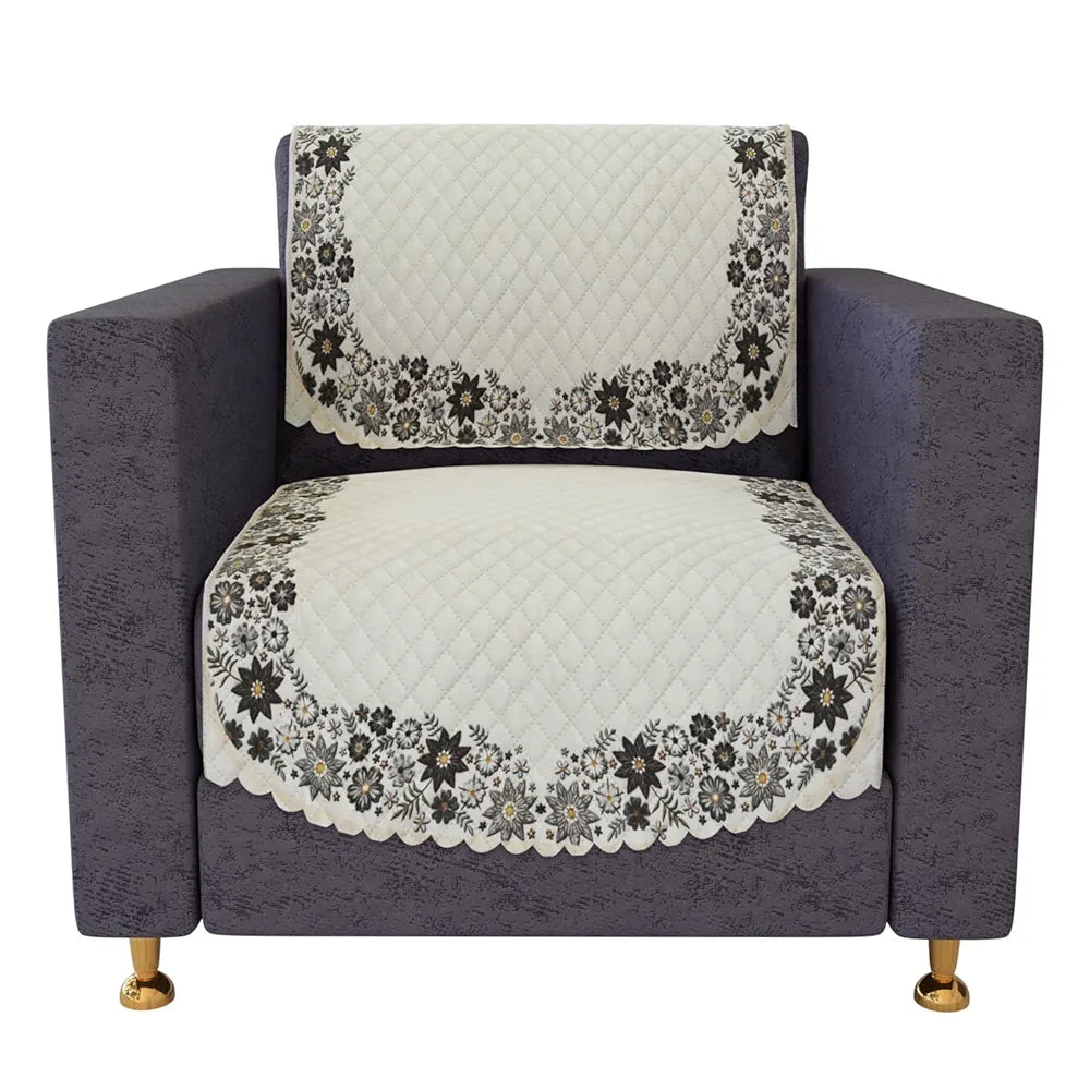 Kuber Industries Velvet Sofa Cover Set Digital Painting Quilted SueDe Ultra Sonic Living Room Cream