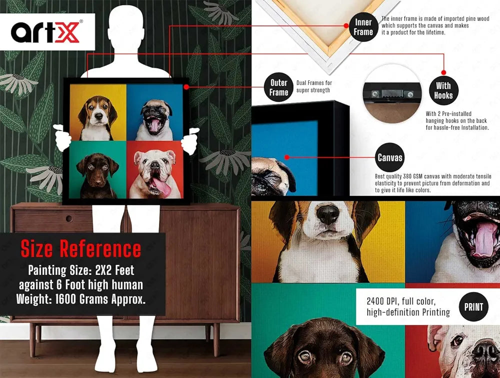 ArtX Four Dog Popart Big Canvas Painting For Bedroom and Living Room With Frame