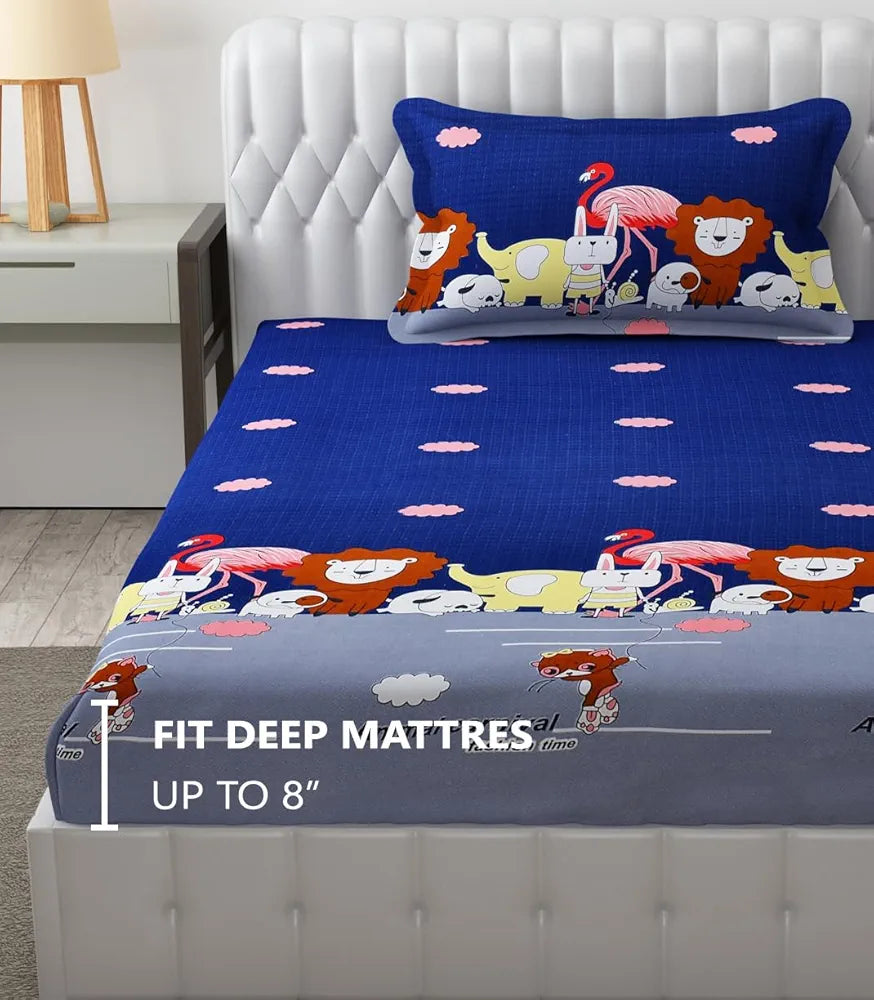Fresh From Loom Glace Cotton 300 tc Wrinkle Free Soft Hypoallergenic Elastic Fitted Cartoon Printed Bedsheets For Kids With 1 Pillow Jungle Blue Smallsingle