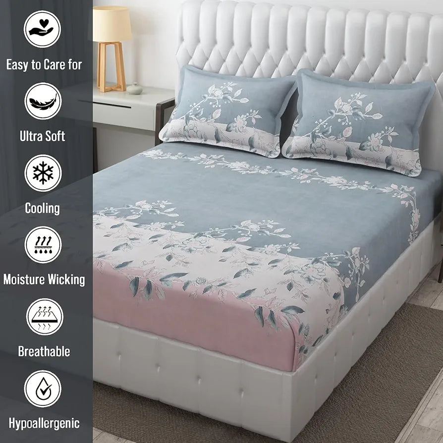 Fresh From Loom Double Bed King Size Floral Design Bed Spread with 2 Pillow Covers 144 TC Walnut Grey