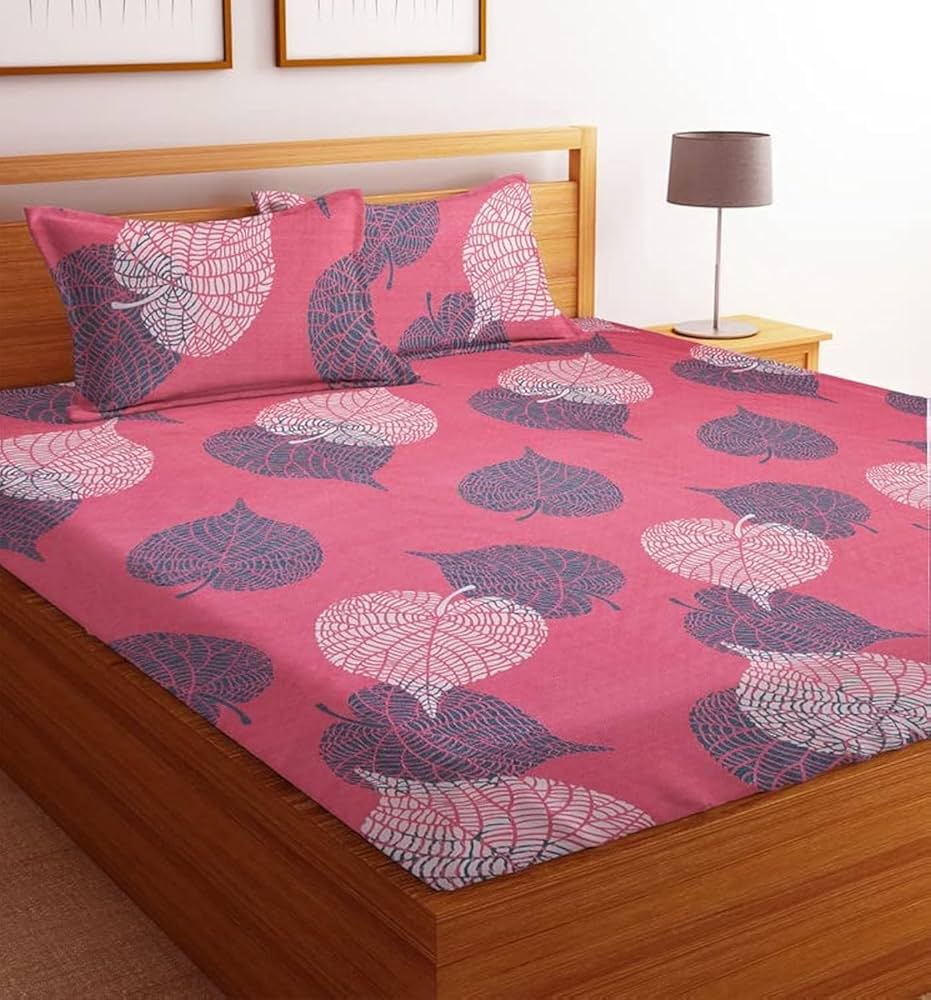 BSB HOME Prime Collections 160tc Pure Microfiber Glace Cotton Double Bedsheet with 2 King Size Pillow Covers-Pink and Grey