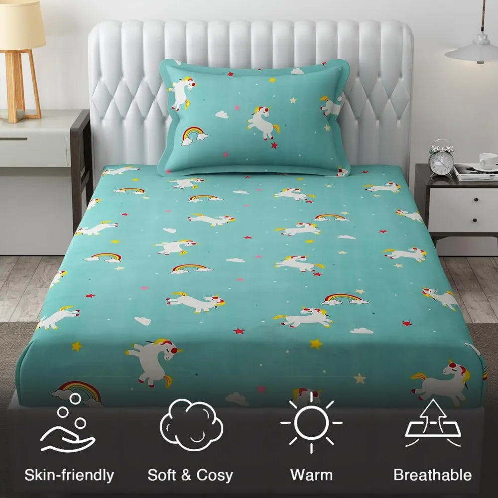 Fresh From Loom Elastic Printed Fitted Single Bed Bedsheet For Kids With One Pillow Cover Unicorn Small Single Blue 300 TC Teal