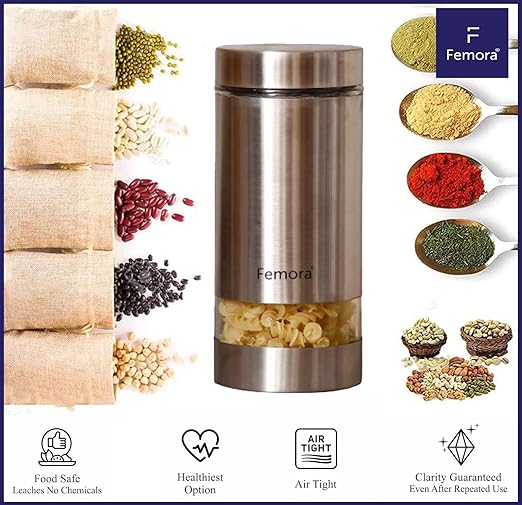 Femora Kitchen Storage Jars Steel Body With See Through Window Jar | 1000 Ml | Pack of 2