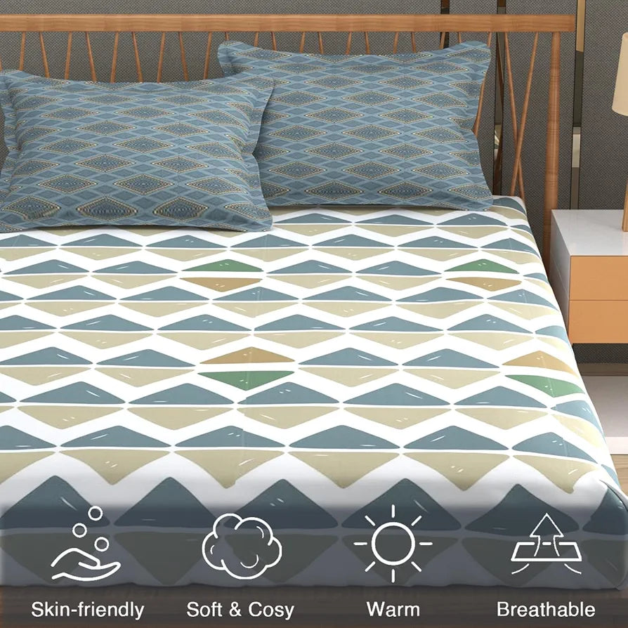 Fresh From Loom 240 TC Microfiber Cotton Queen Size Bedsheet for Double Bed with 2 Pillow Cover Blue Beige