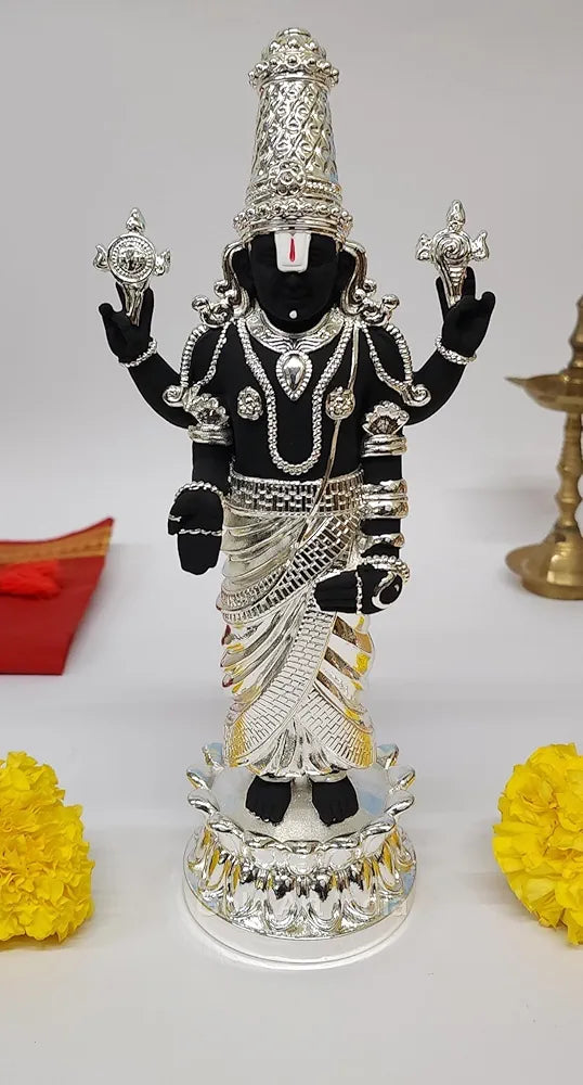 Gold Art India Lord Tirupati Balaji Kamal Silver Plated Black Idol