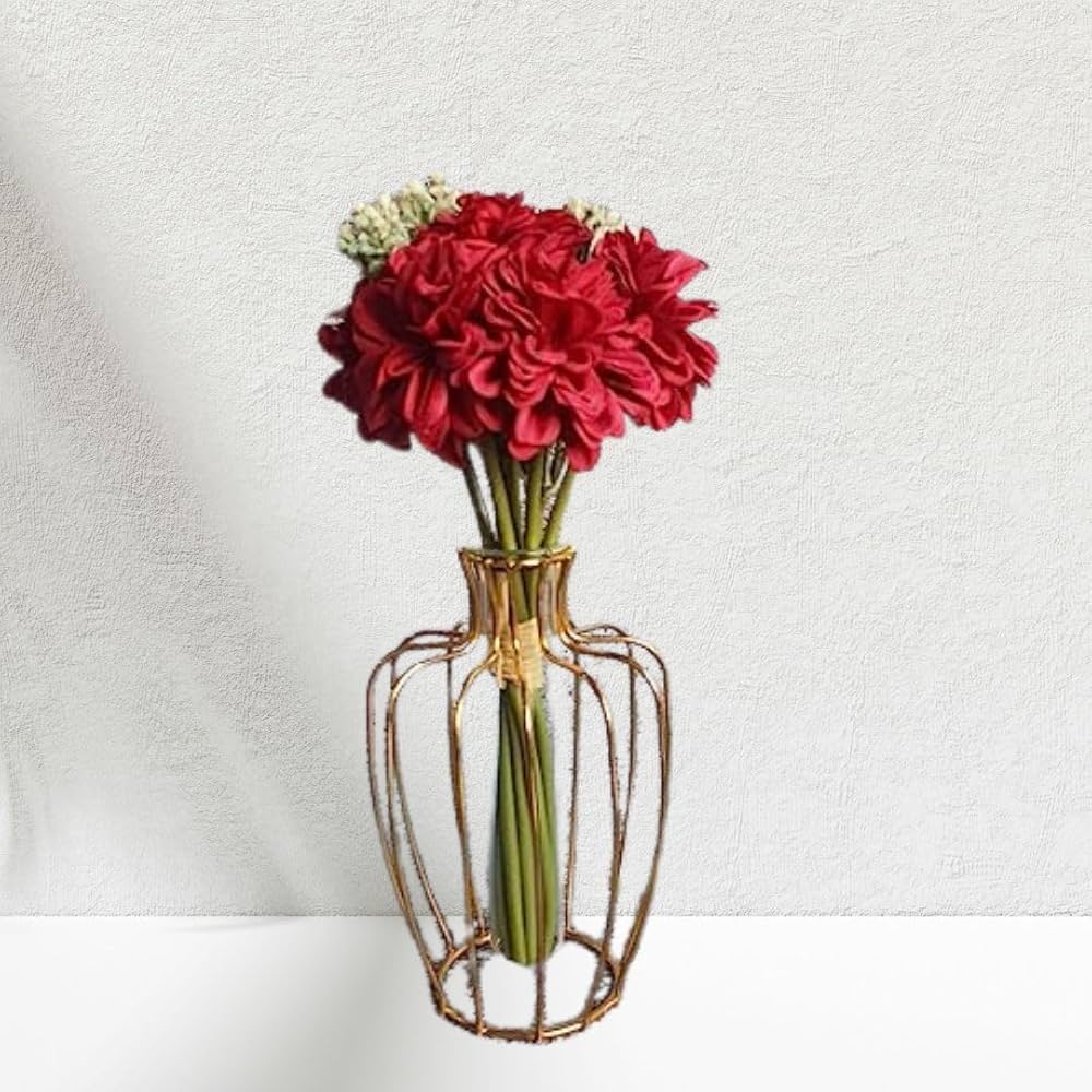 Artificial Dahlia Flower Bunch – 7-Stem Faux Bouquet Realistic Fabric Flower Arrangement Red