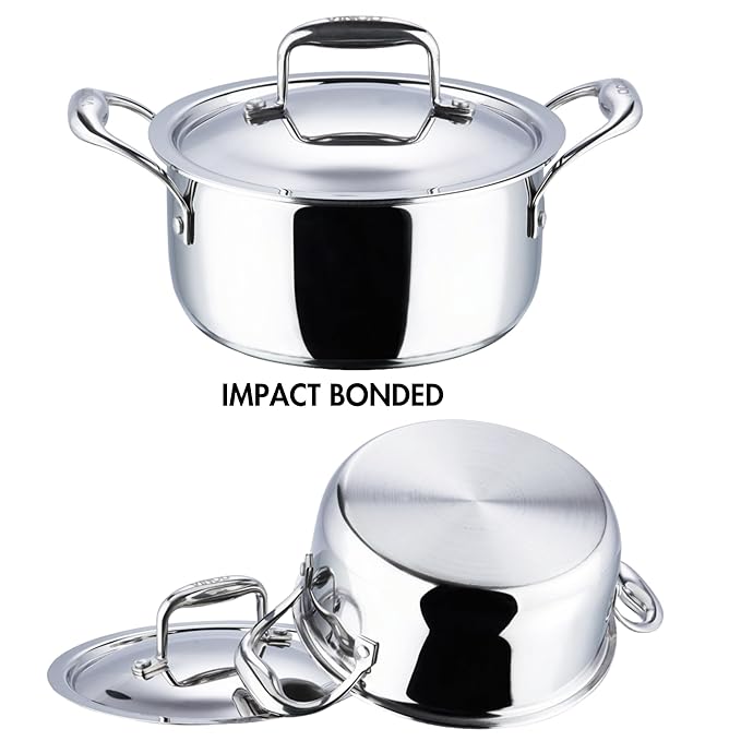 Vinod Platinum Triply Stainless Steel Saucepot with Lid - 1.8 Litre, 18 cm | 2.5mm Thick | SAS Bottom | Biryani Pot